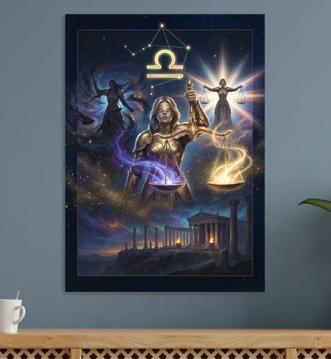 Libra Zodiac Goddess with Scales — metal poster wall art by Lineer